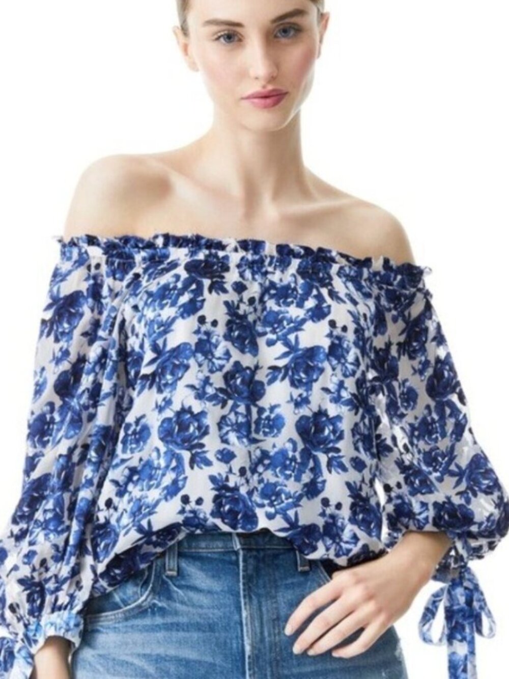Alice and Olivia Alta Floral Print Tie Sleeve Top Off The Shoulder Silk